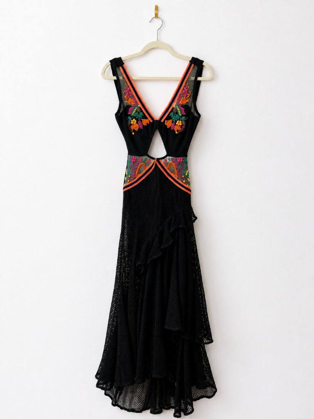 PatBO Embellished Cutout Maxi Dress Black Mesh Jersey Belted Size Medium